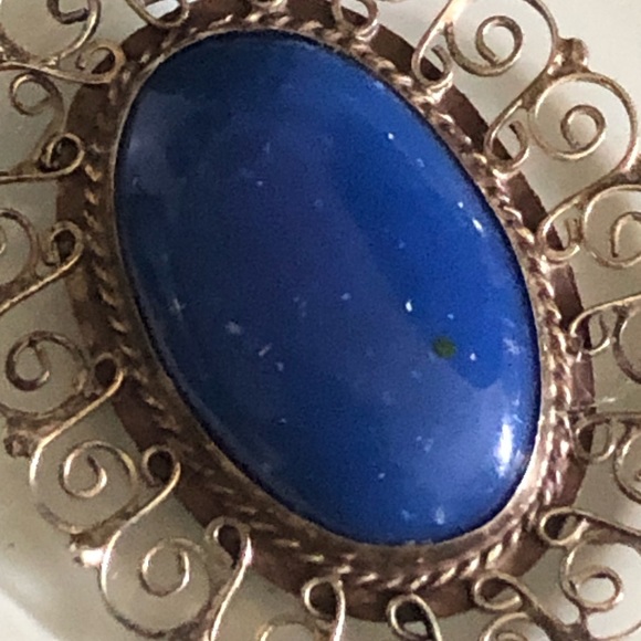 Large Vintage Blue Lapis Sterling Silver Brooch Pendant - Picture 5 of 10